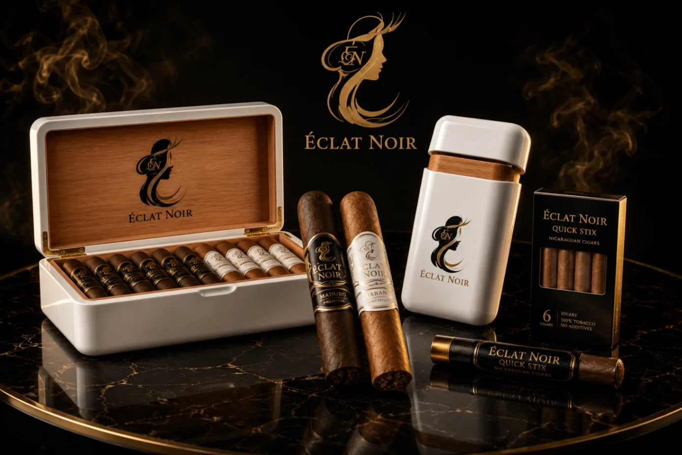 The full ÉCLAT NOIR collection: presentation box, Habano and Maduro cigars, travel case, and Quick Stix.