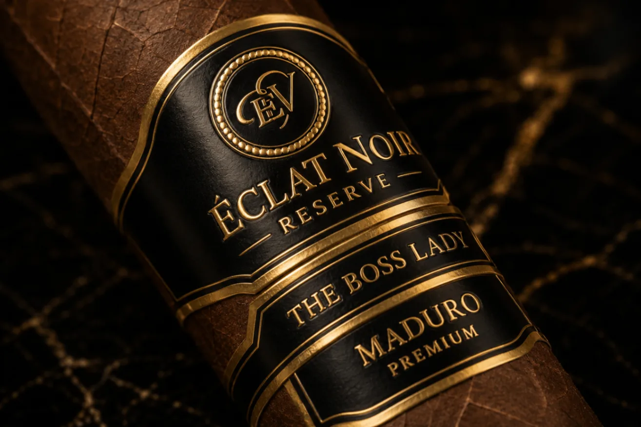 Macro detail of the ÉCLAT NOIR Reserve black-and-gold cigar band on a Maduro wrapper.